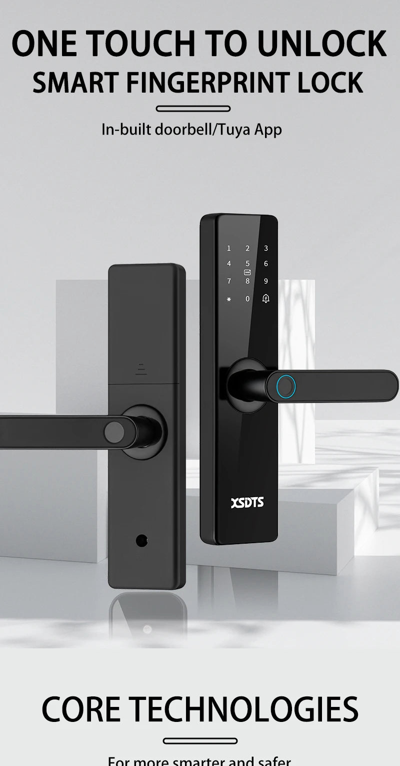 Tuya Wifi Electronic Smart Door Lock With Biometric Fingerprint / Smart Card / Password / Key Unlock/ USB Emergency Charge