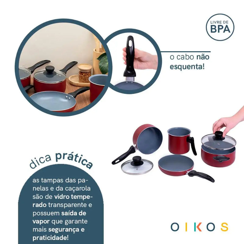 Conjunto de panelas antiaderentes de cerâmica 4 peças Red-Oikos