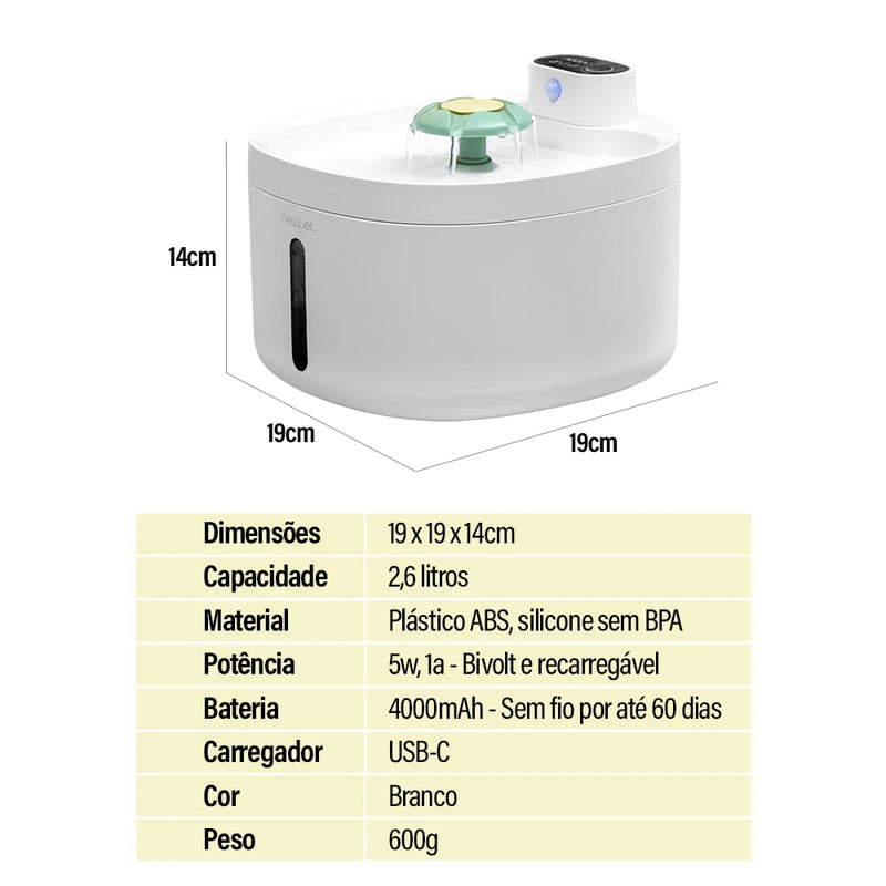 Newpet 2.6L Automatic Cat Water Fountain 4000mAh Wireless Pet Drinker USB Recharge Battery & Sensor 2 in 1 Dispenser